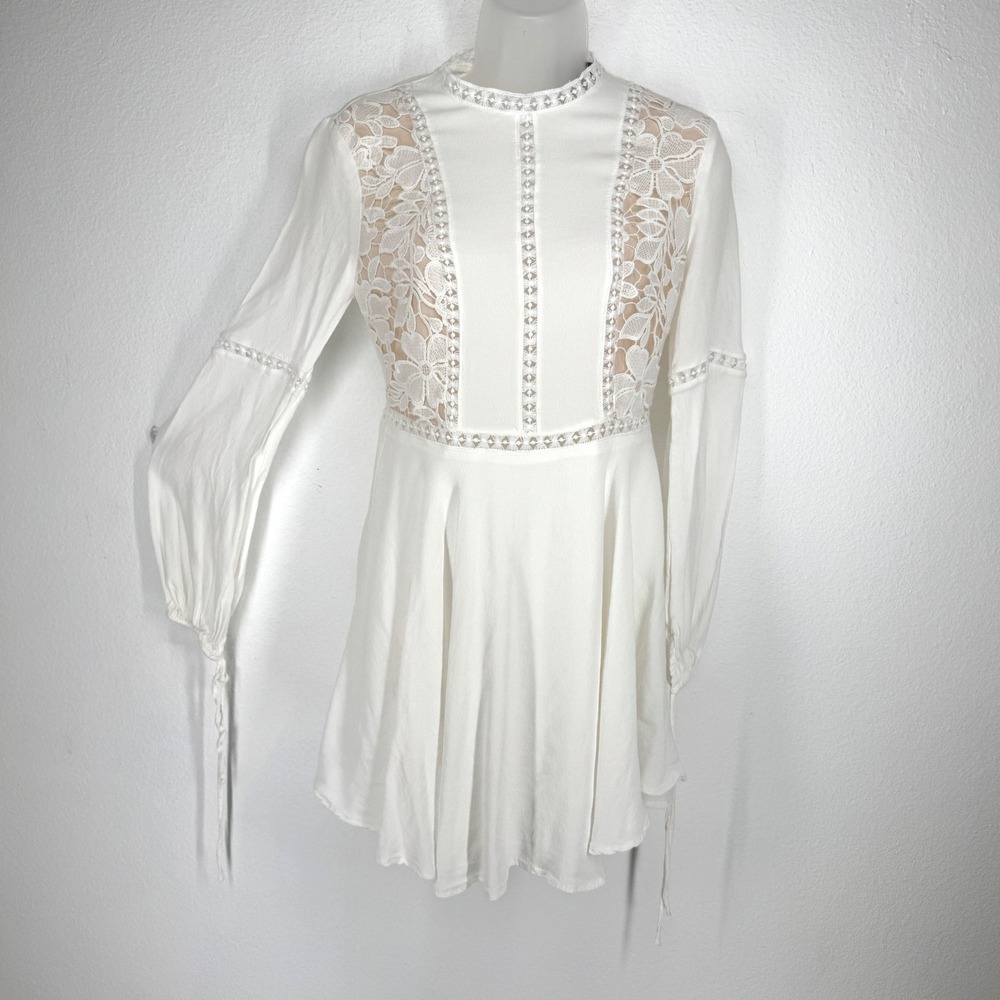 Boho White Floral Lace Mock Neck Long Balloon Sleeve Mini Dress Small Victorian